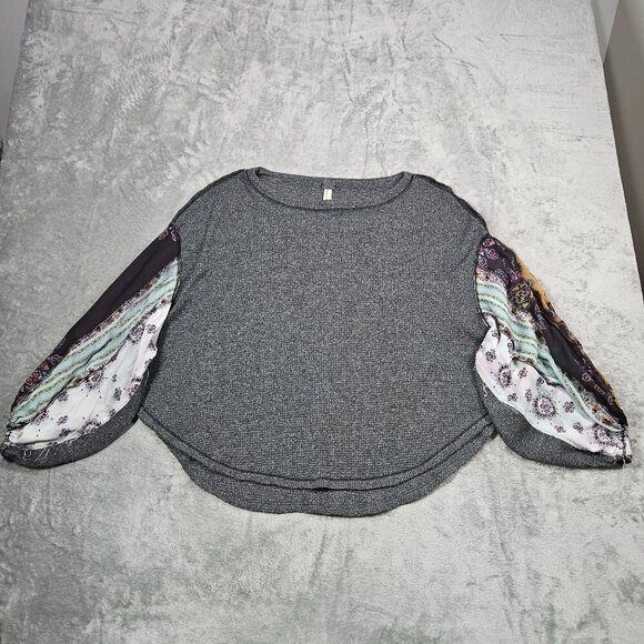 Free People Top Small Gray Thermal Waffle Knit Scarf Sleeves Oversized Boho - Picture 2 of 11
